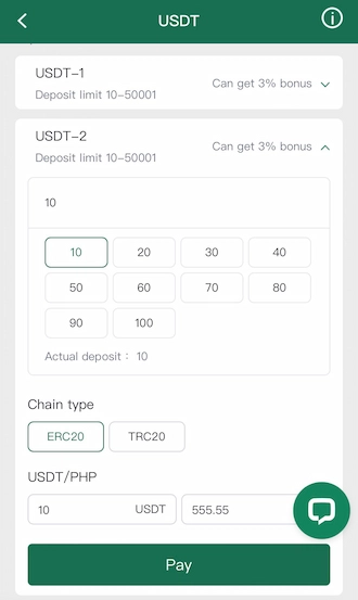 Step 2: Choose one of the appropriate USDT payment channels and enter the amount you want to pay, continue to select chain type.