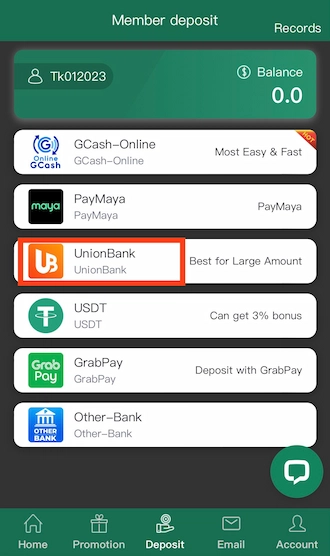 Step 1: Please access the deposit interface and select the deposit method via UnionBank.