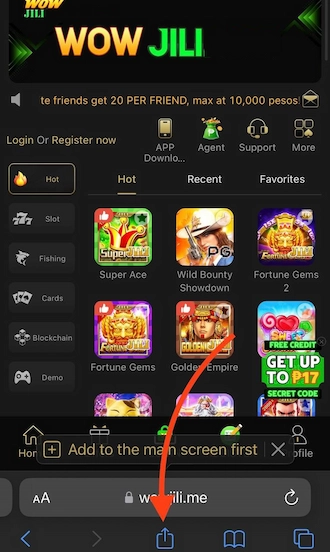 Step 1: Please Wowjili.com login. To download, players click on the share icon below the toolbar.